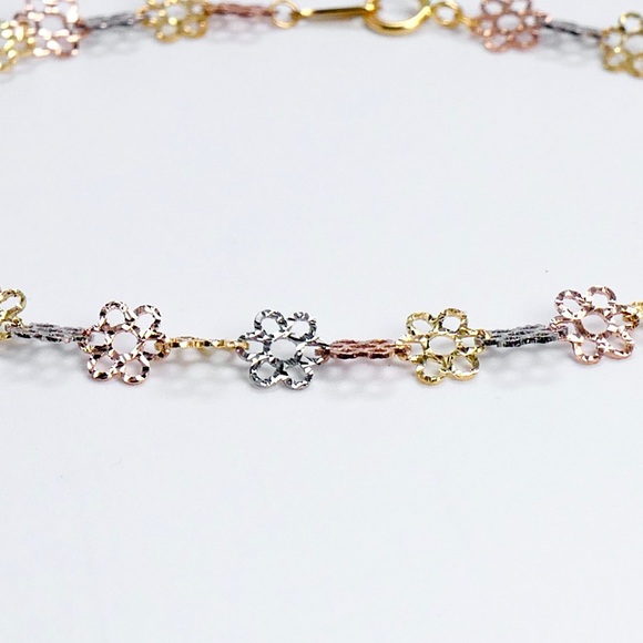 14K Yellow Rose White Gold Flower Link Fancy Bracelet 1.90g - New - Picture 3 of 7